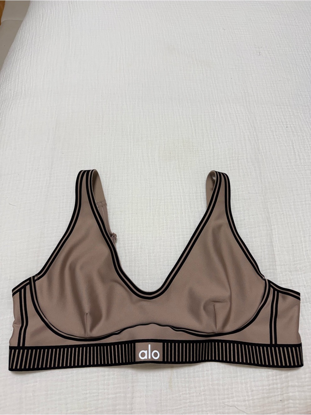 ALO Yoga Taupe Crop Sports Bra with Black Trim